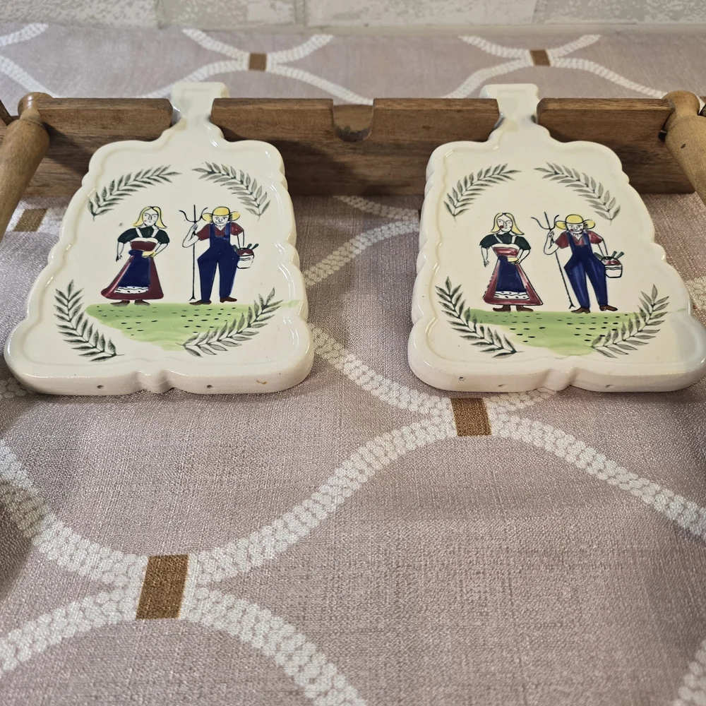 Vintage Hand Painted Wood Handle Gourmet Set w/ Rack Folk Art Trivet